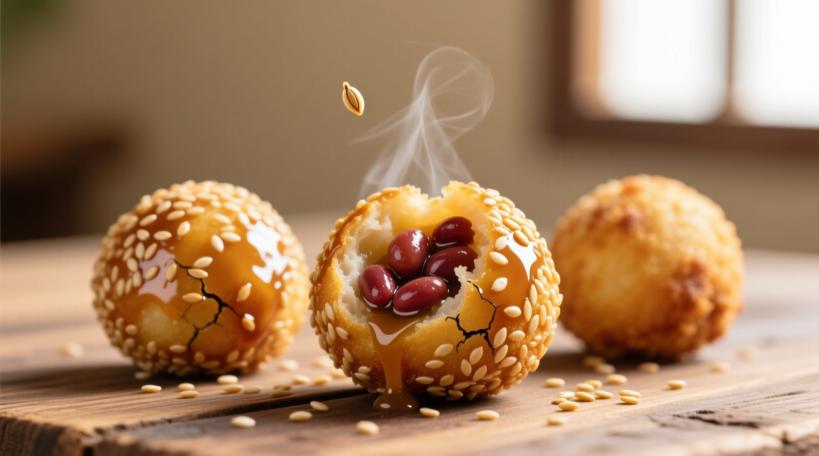 Golden fried sesame balls with sesame seeds