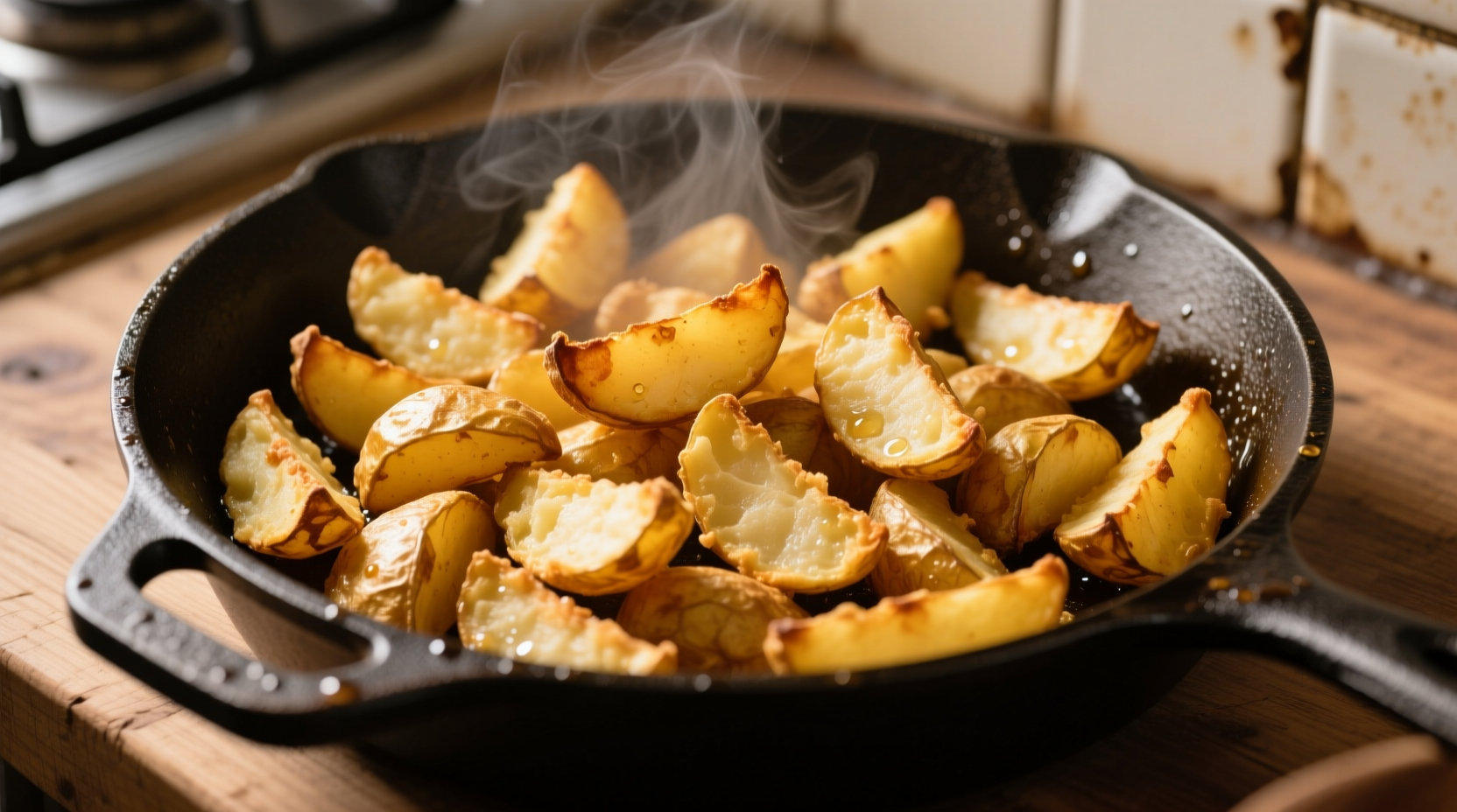 Golden crispy fried potatoes in cast iron skillet