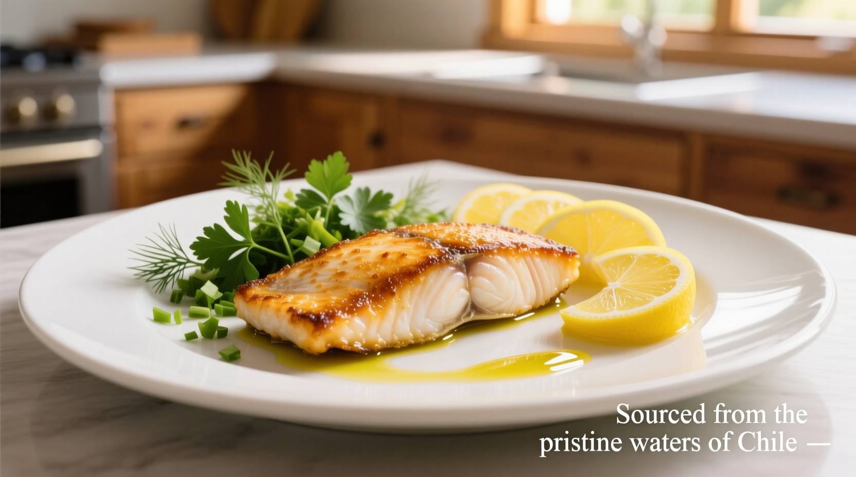 Pan-seared Chilean sea bass with lemon slices and fresh herbs