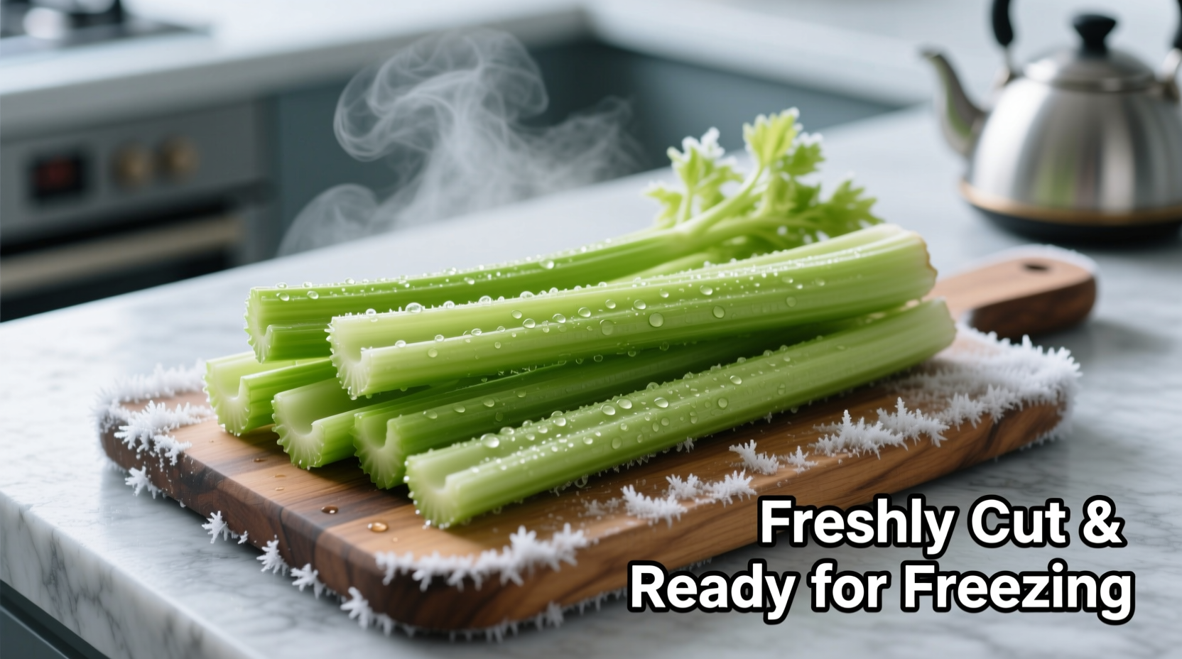 Fresh celery sticks arranged on cutting board before freezing