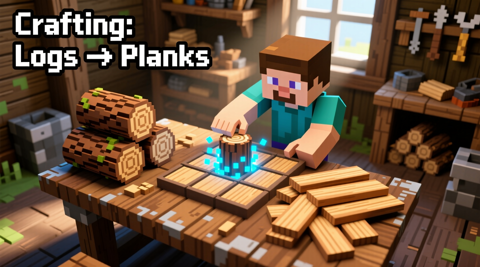 Converting wood logs to planks in Minecraft