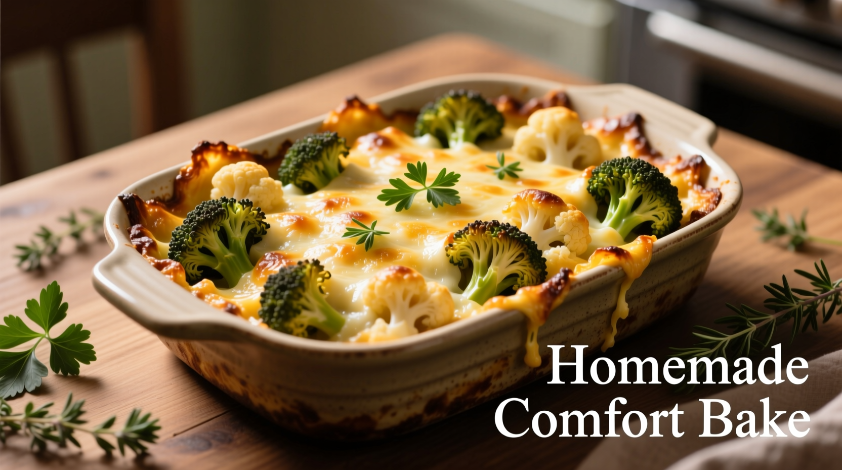 Golden broccoli cauliflower bake with melted cheese topping