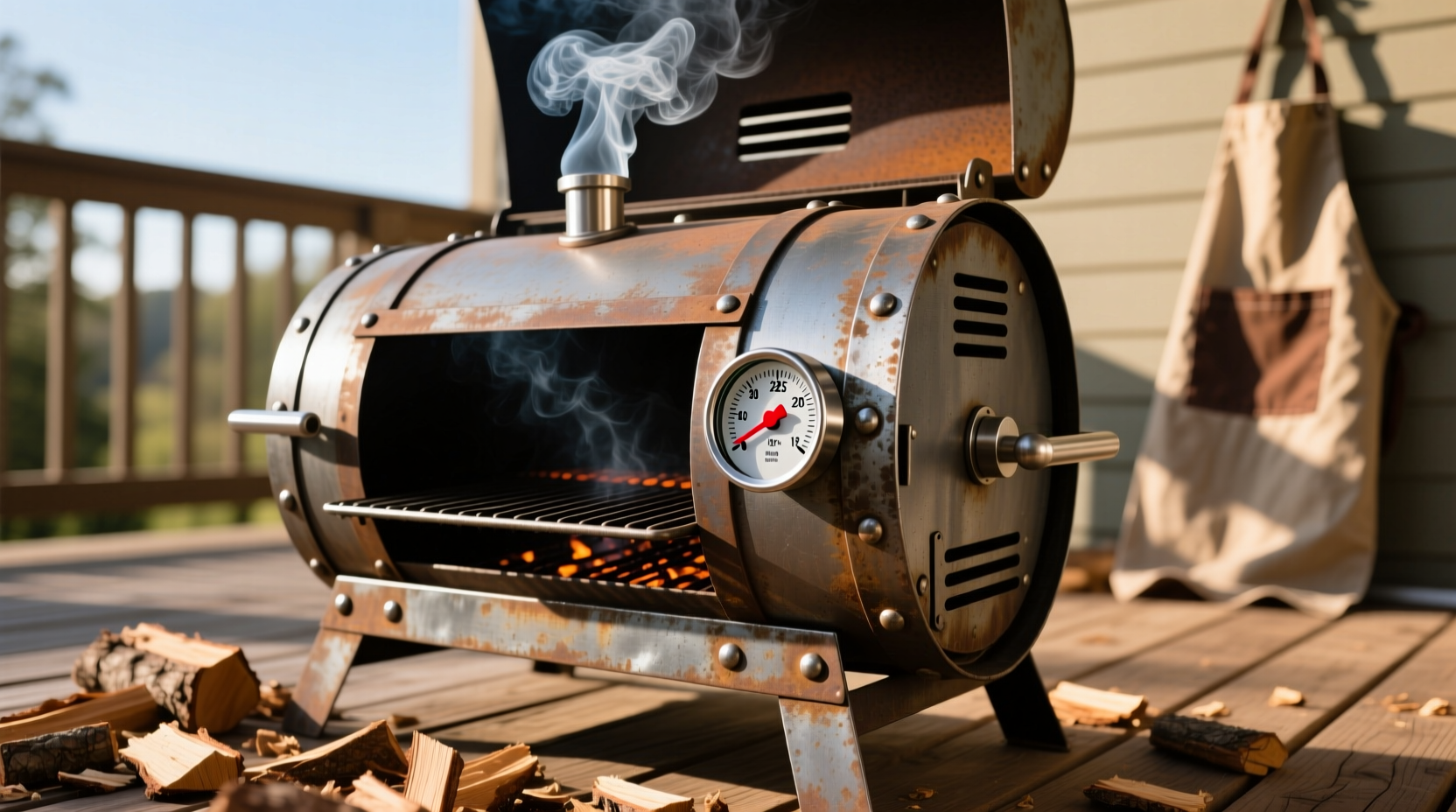 Completed homemade barrel smoker with temperature gauge