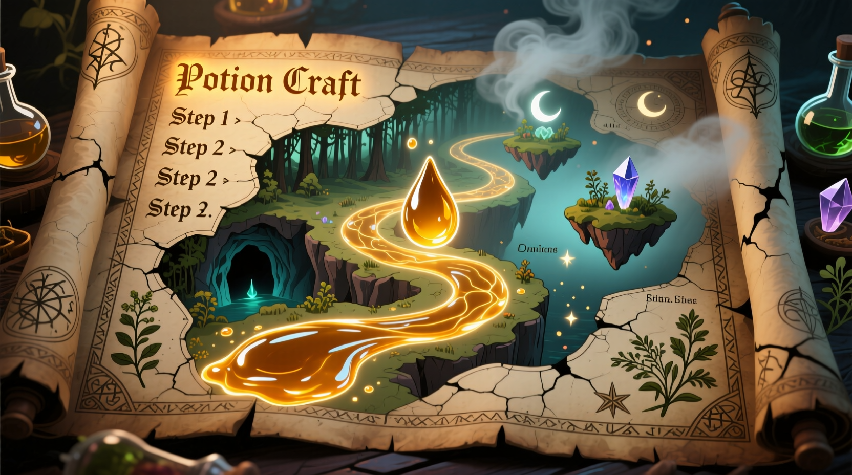 Step-by-step oil map navigation in Potion Craft