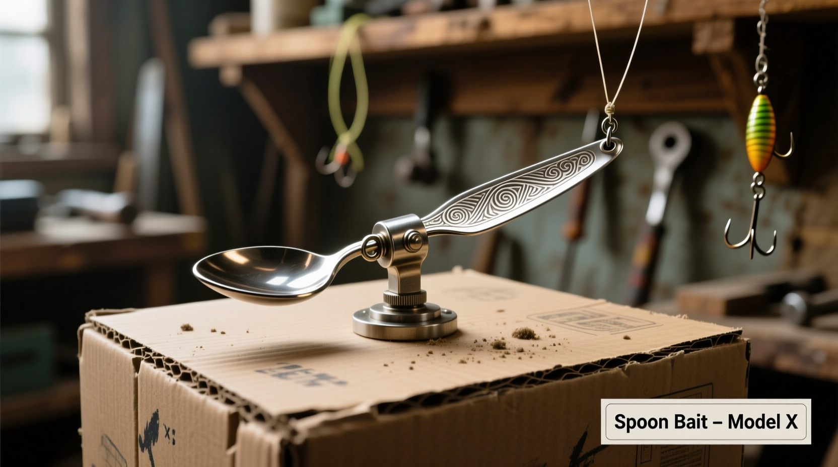 Close-up of spoon bait mechanism on cardboard platform