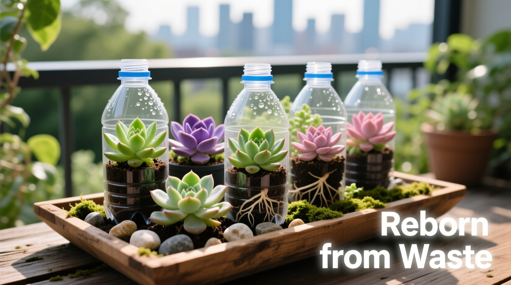 Plastic bottle planters with succulents