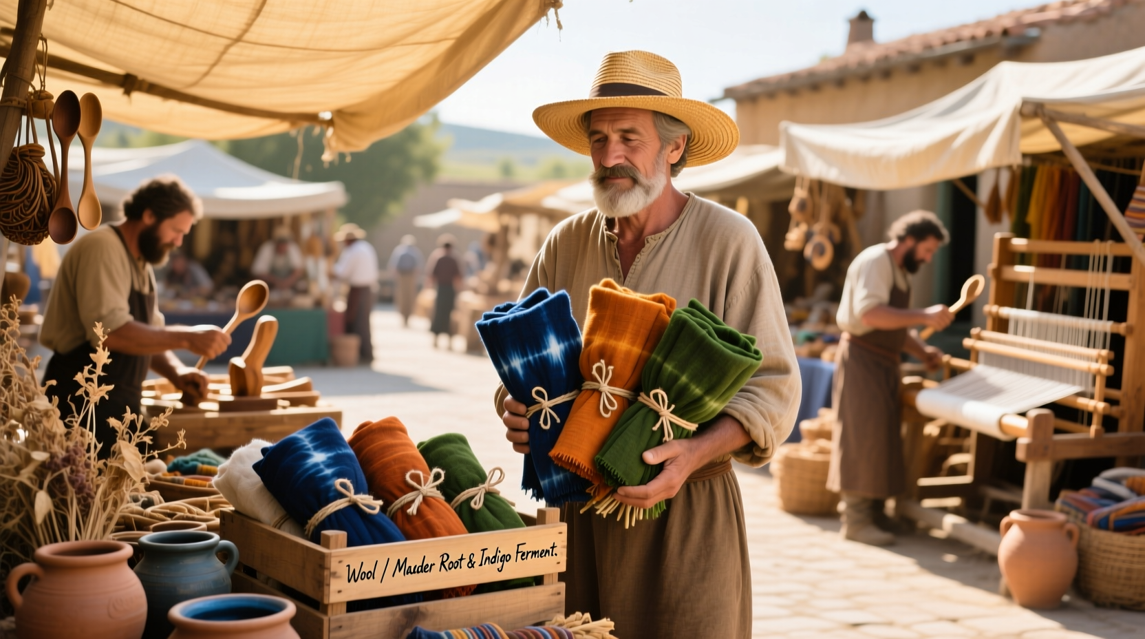 Craft farmer selling natural dye bundles at artisan market