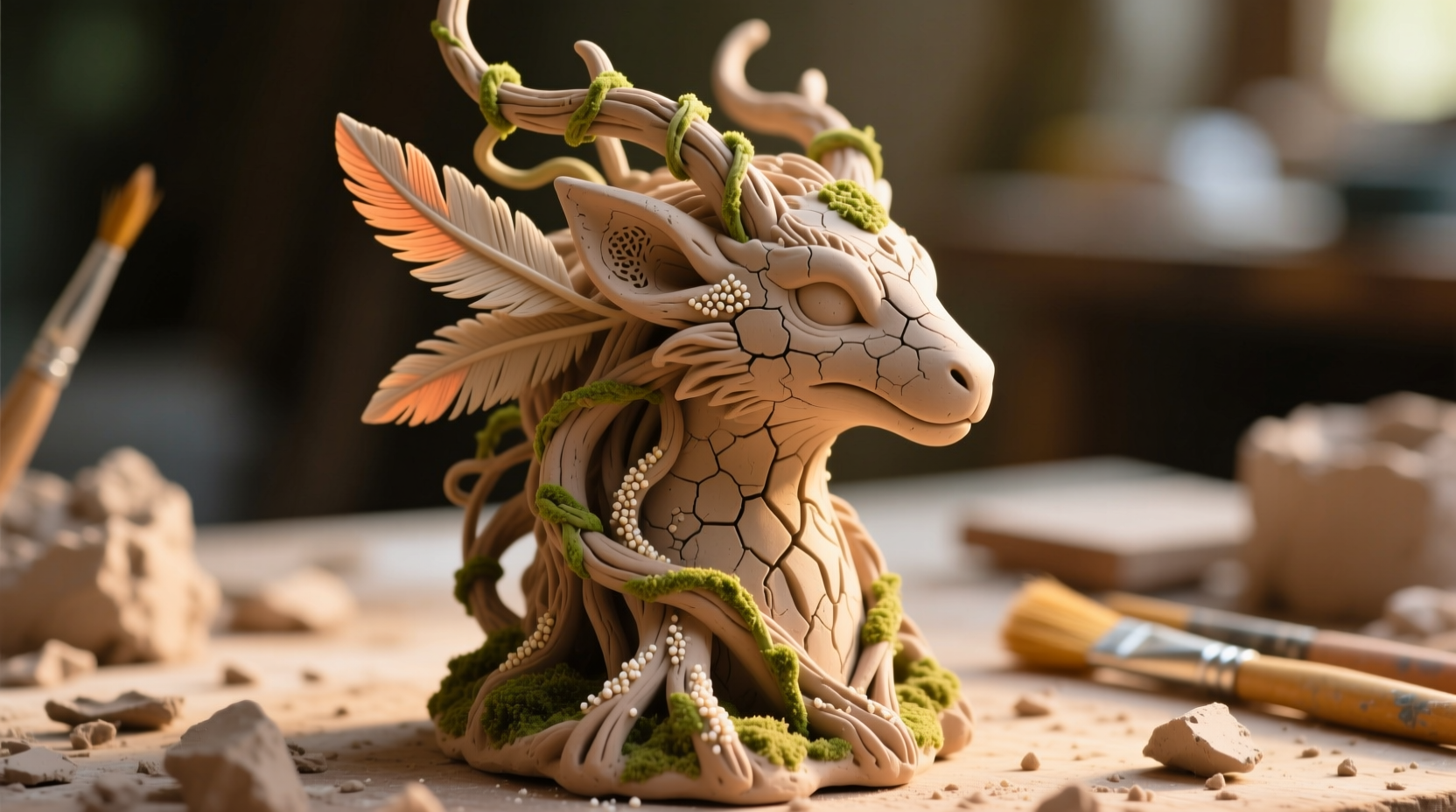 Close-up of intricate cornstarch clay sculpture with texture details