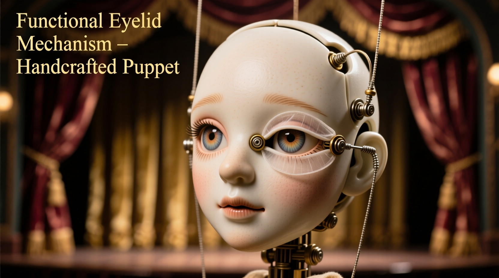 Finished puppet with functional eyelid mechanism