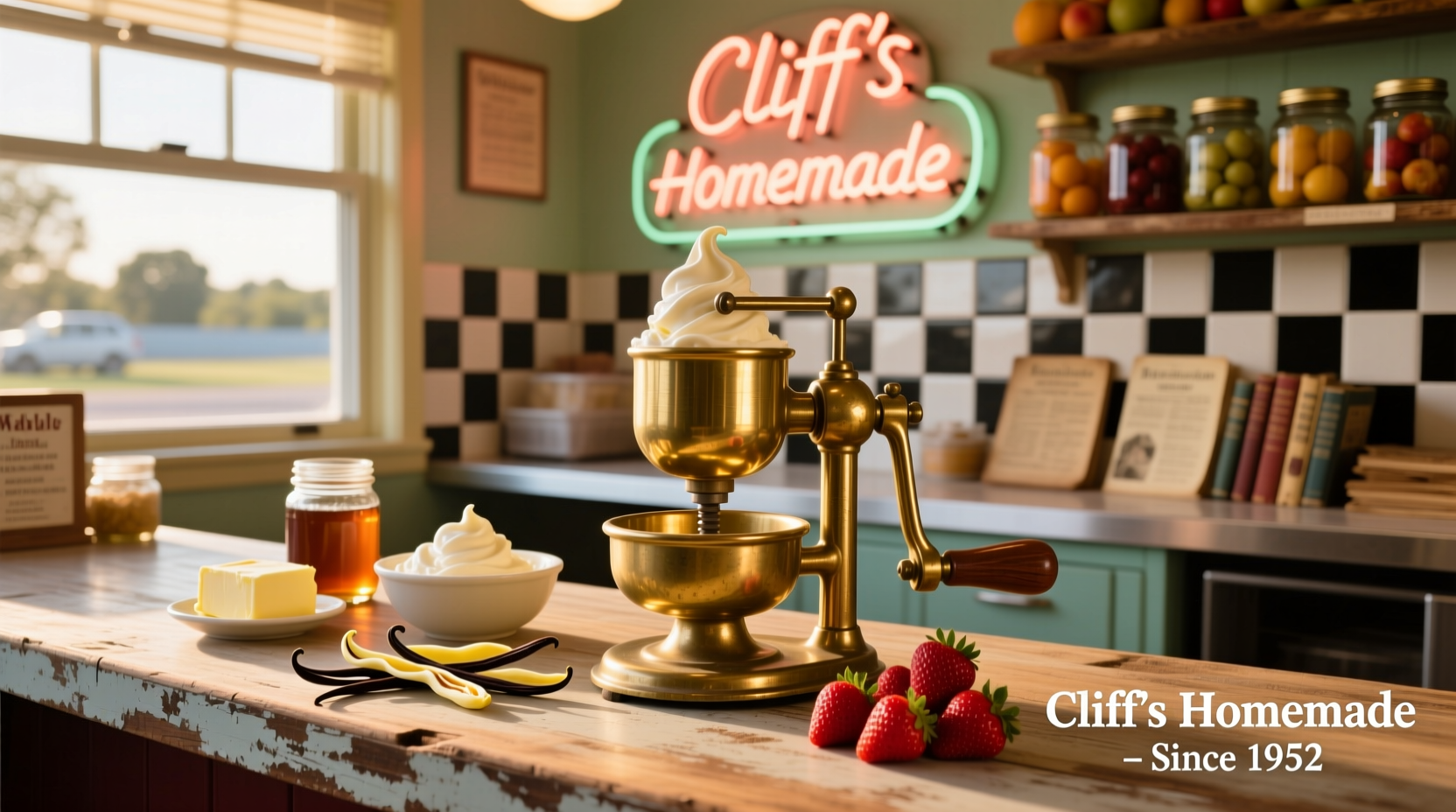 Vintage ice cream churner with fresh ingredients at Cliff's Homemade