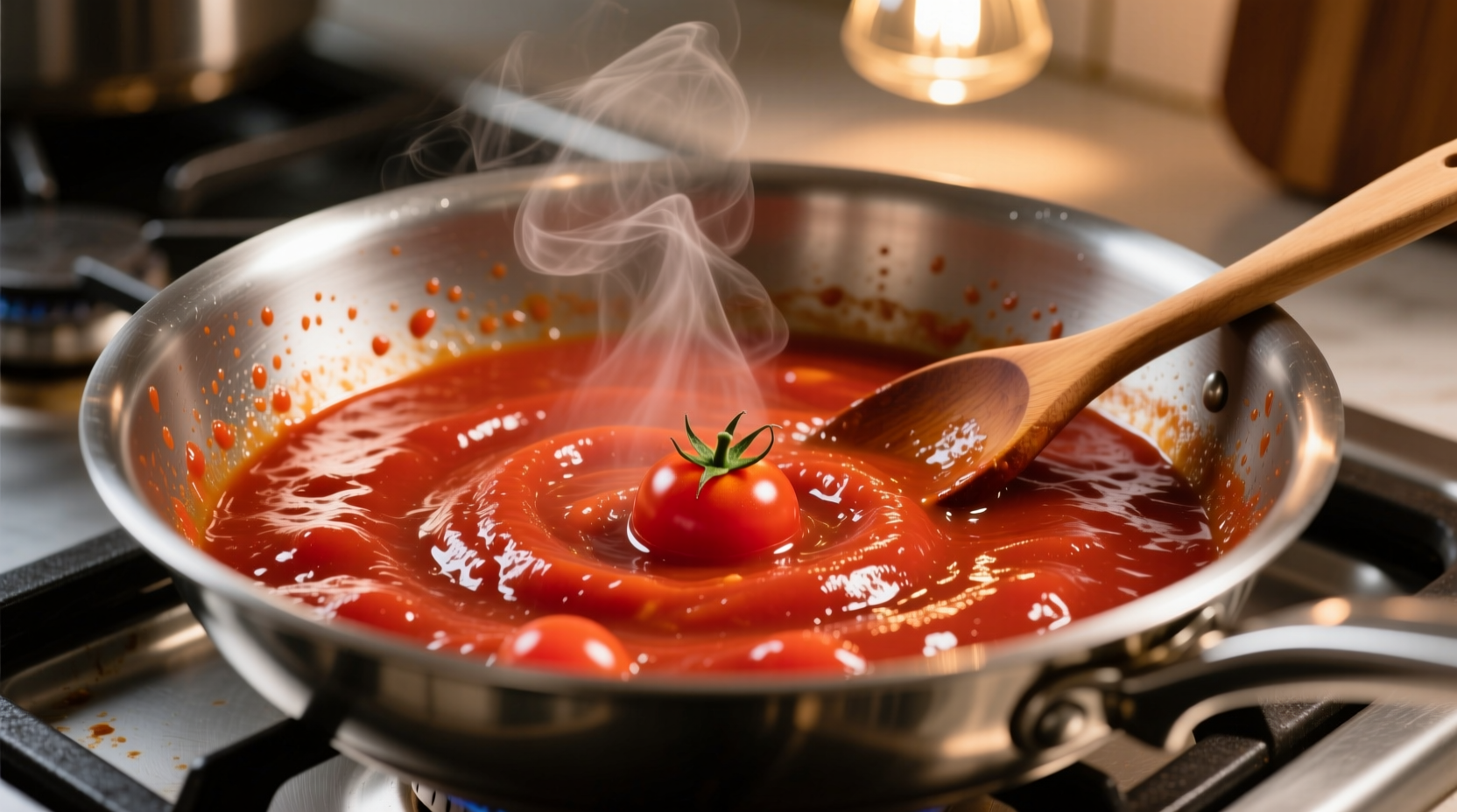 Vibrant cherry tomato sauce simmering in stainless steel pan