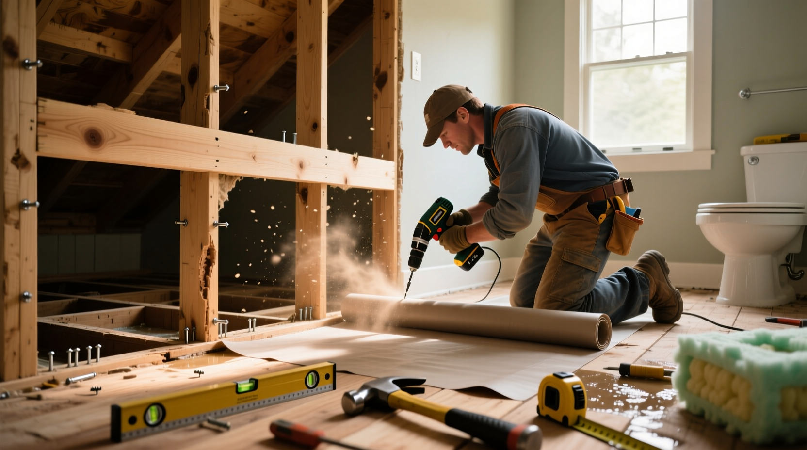 Bathroom subfloor repair during renovation