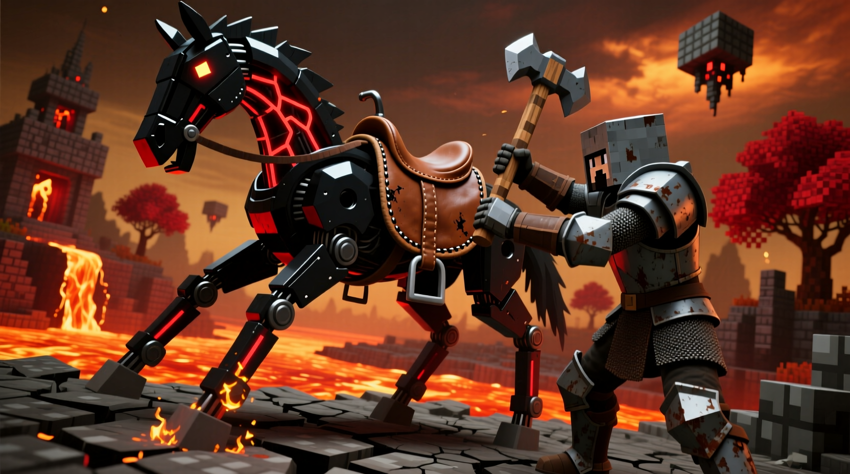 Harvesting saddle from strider in Minecraft Nether