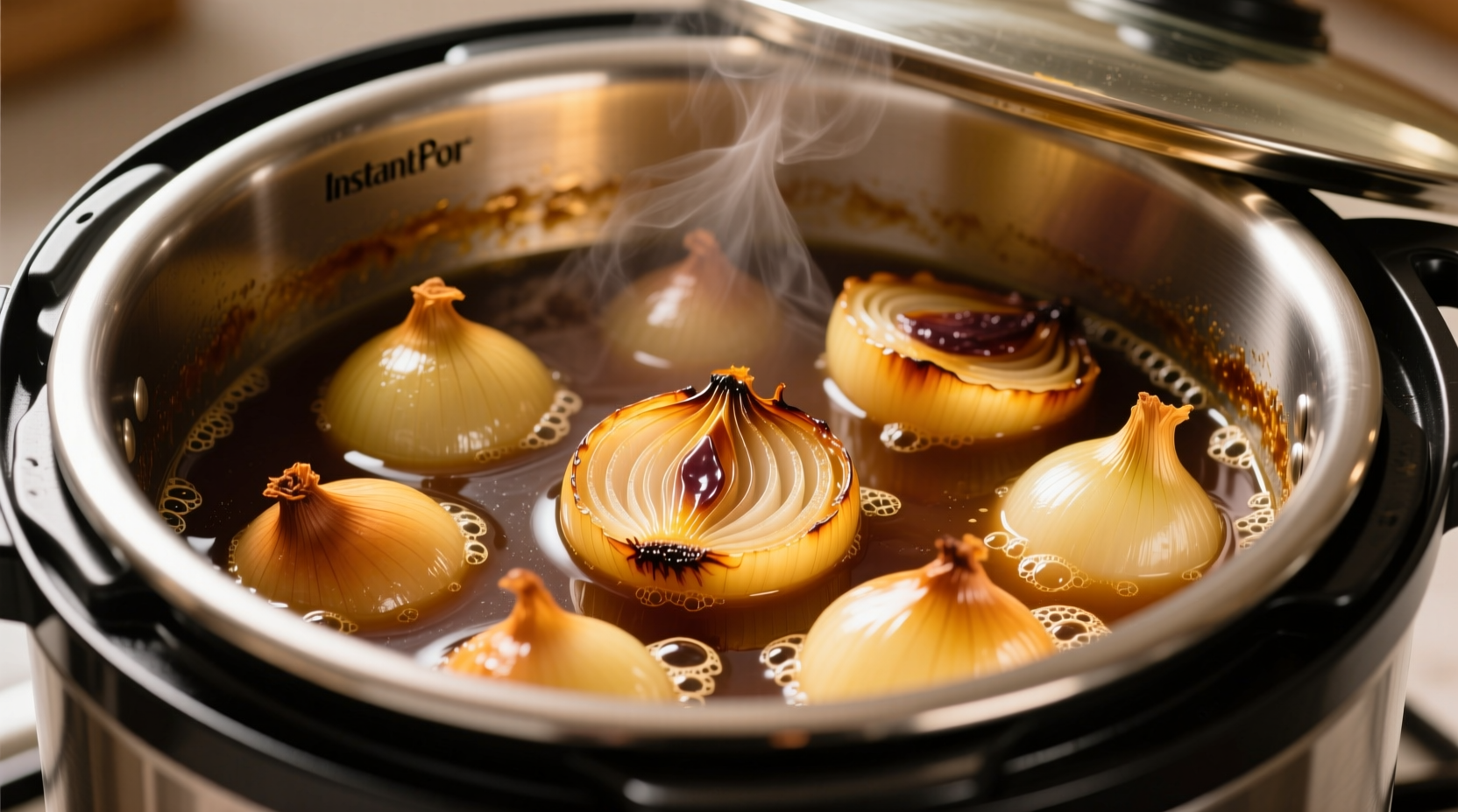 Golden caramelized onions in Instant Pot with broth