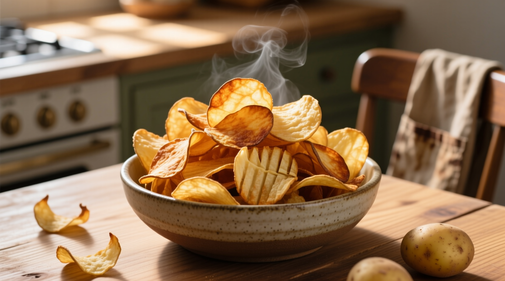 Homemade potato crisps golden brown in bowl