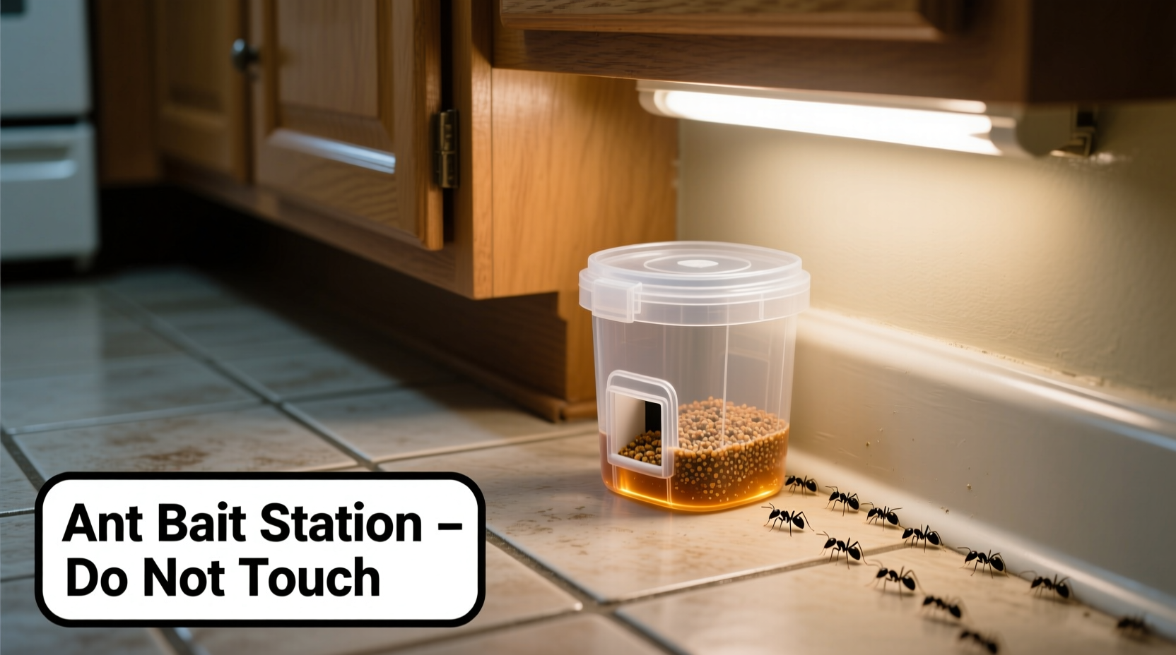 DIY ant bait station in kitchen corner