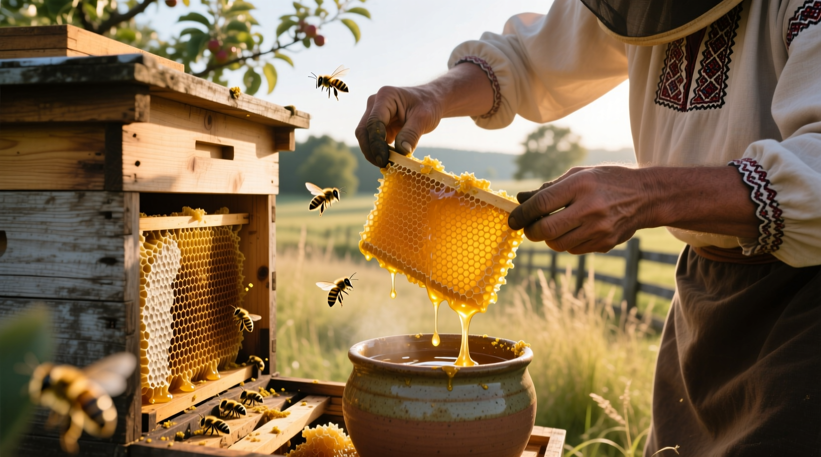 Local beekeeper harvesting raw honey from wooden hive using manual extractor, showing golden unfiltered liquid