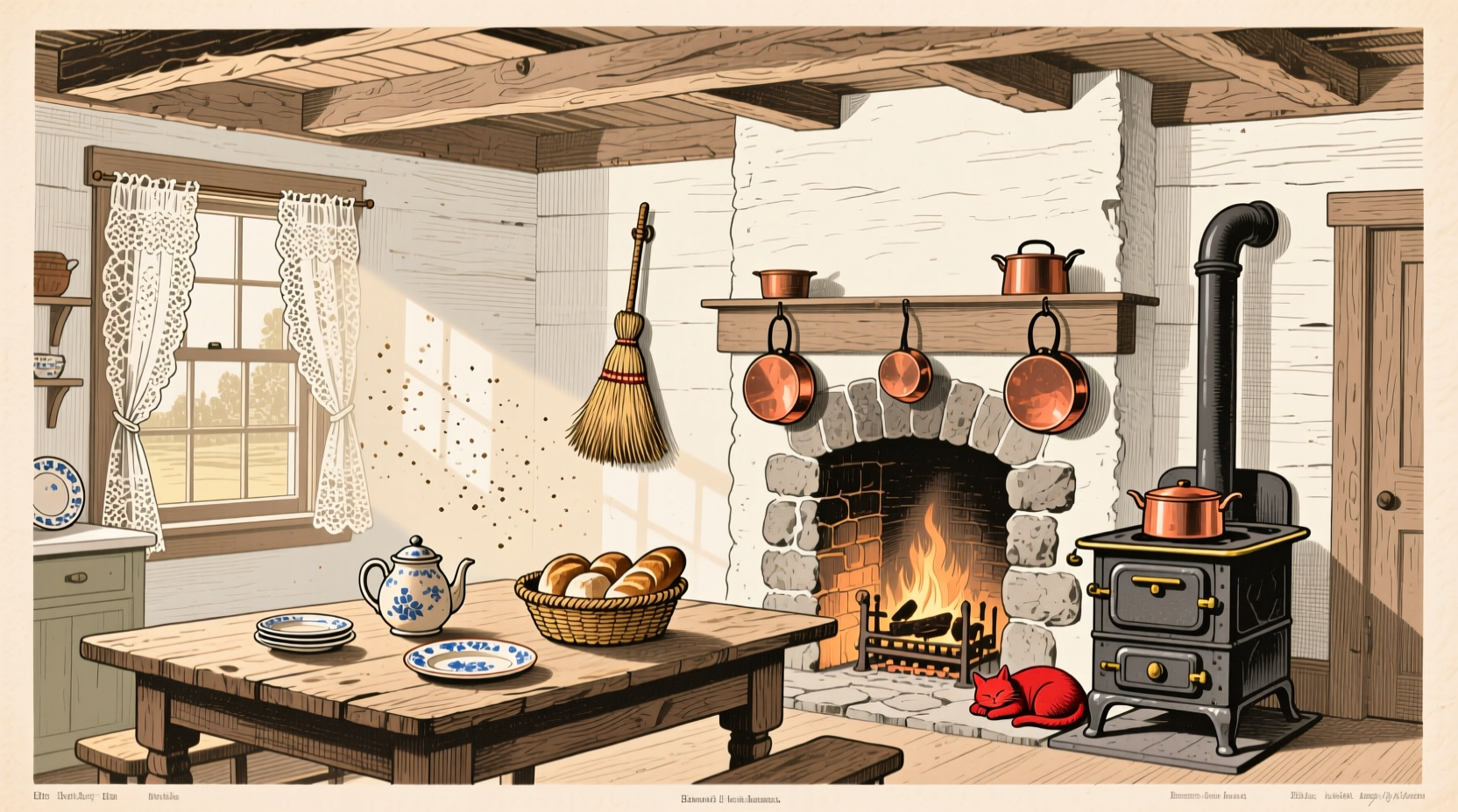 Vintage illustration of 19th century kitchen