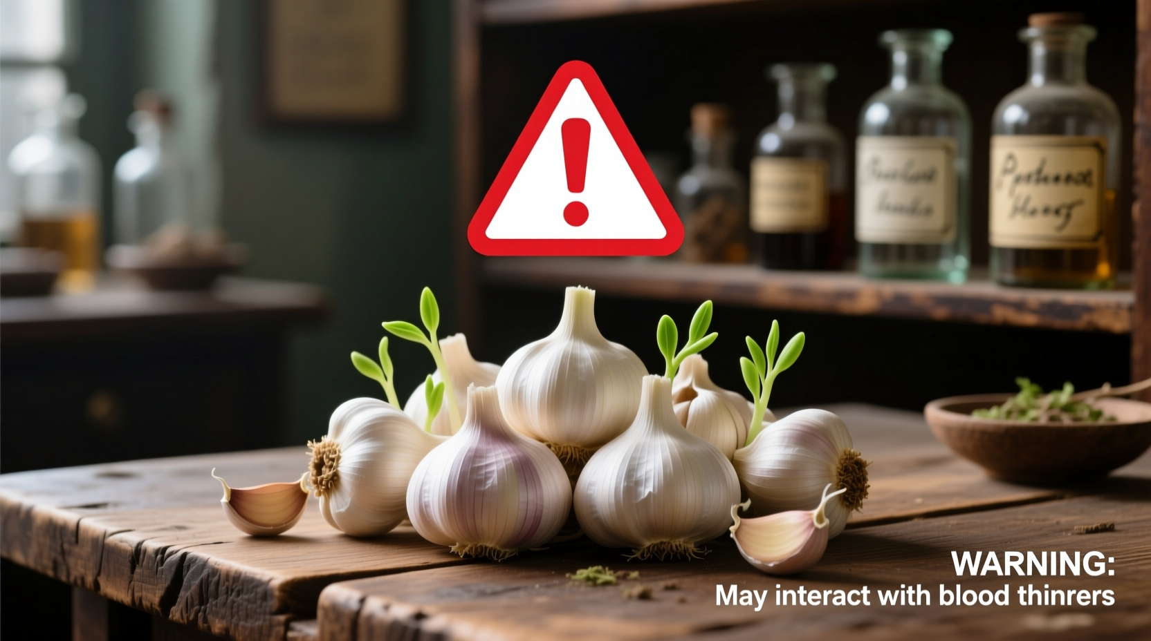 Garlic cloves with medical warning symbol