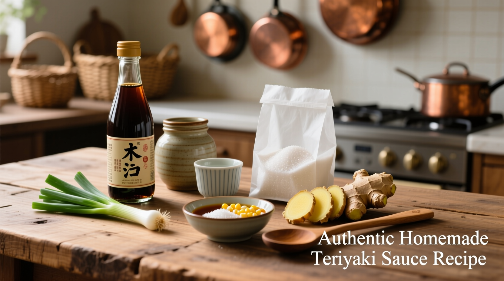 Homemade teriyaki sauce ingredients on wooden table