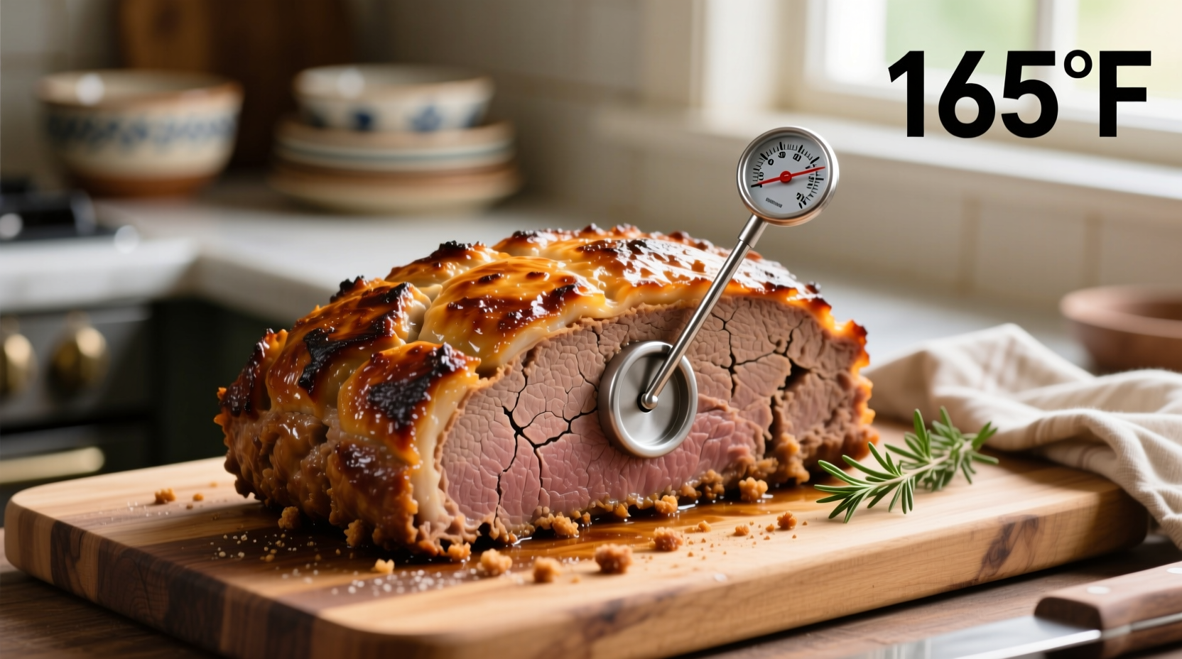 Perfectly cooked 2lb meatloaf with thermometer reading