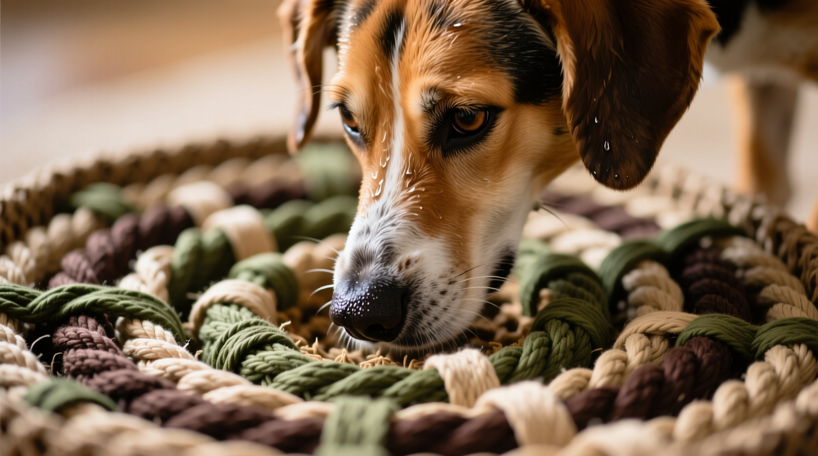 Close-up of dog's nose working through fabric strips on snuffle mat