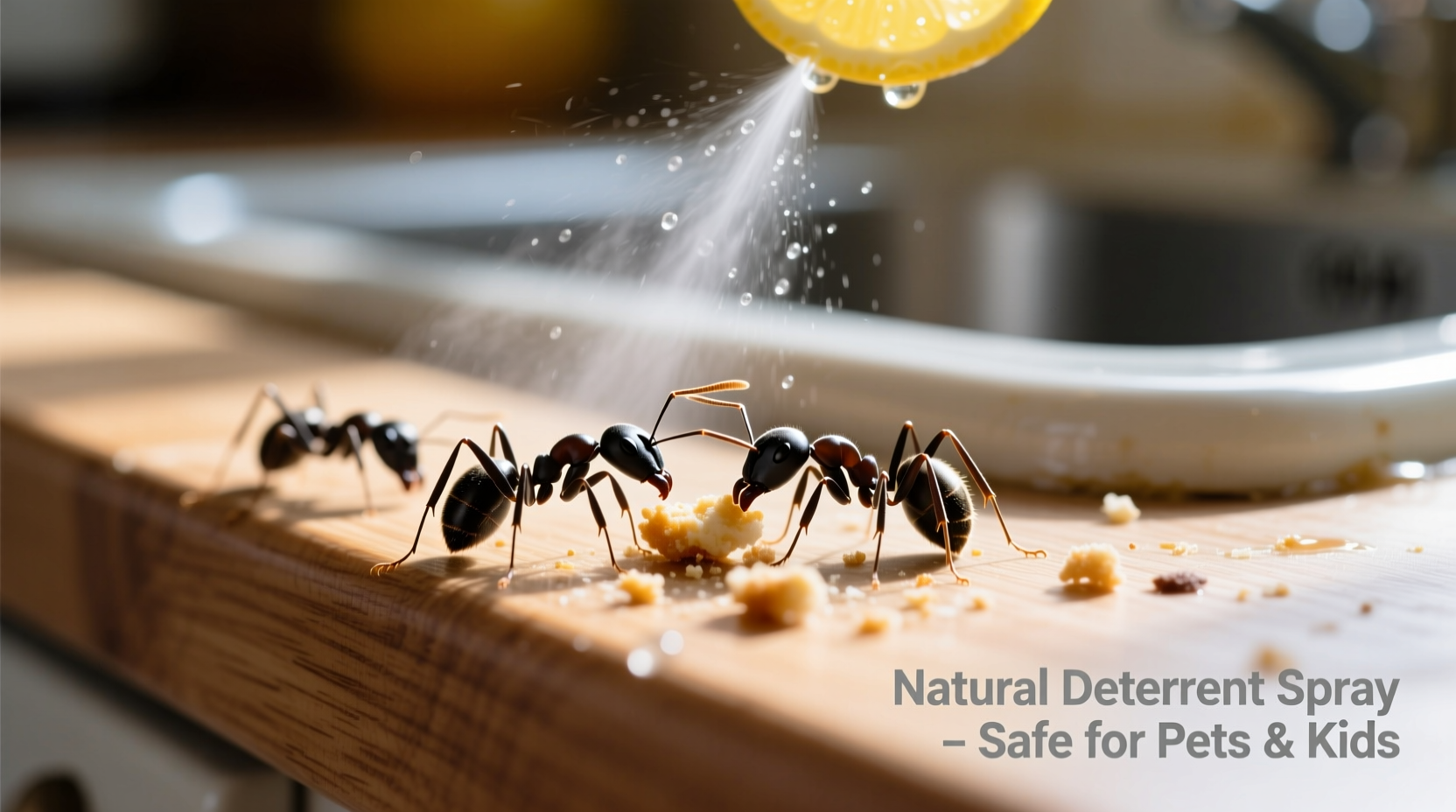 Close-up of ants on kitchen counter with natural deterrent spray