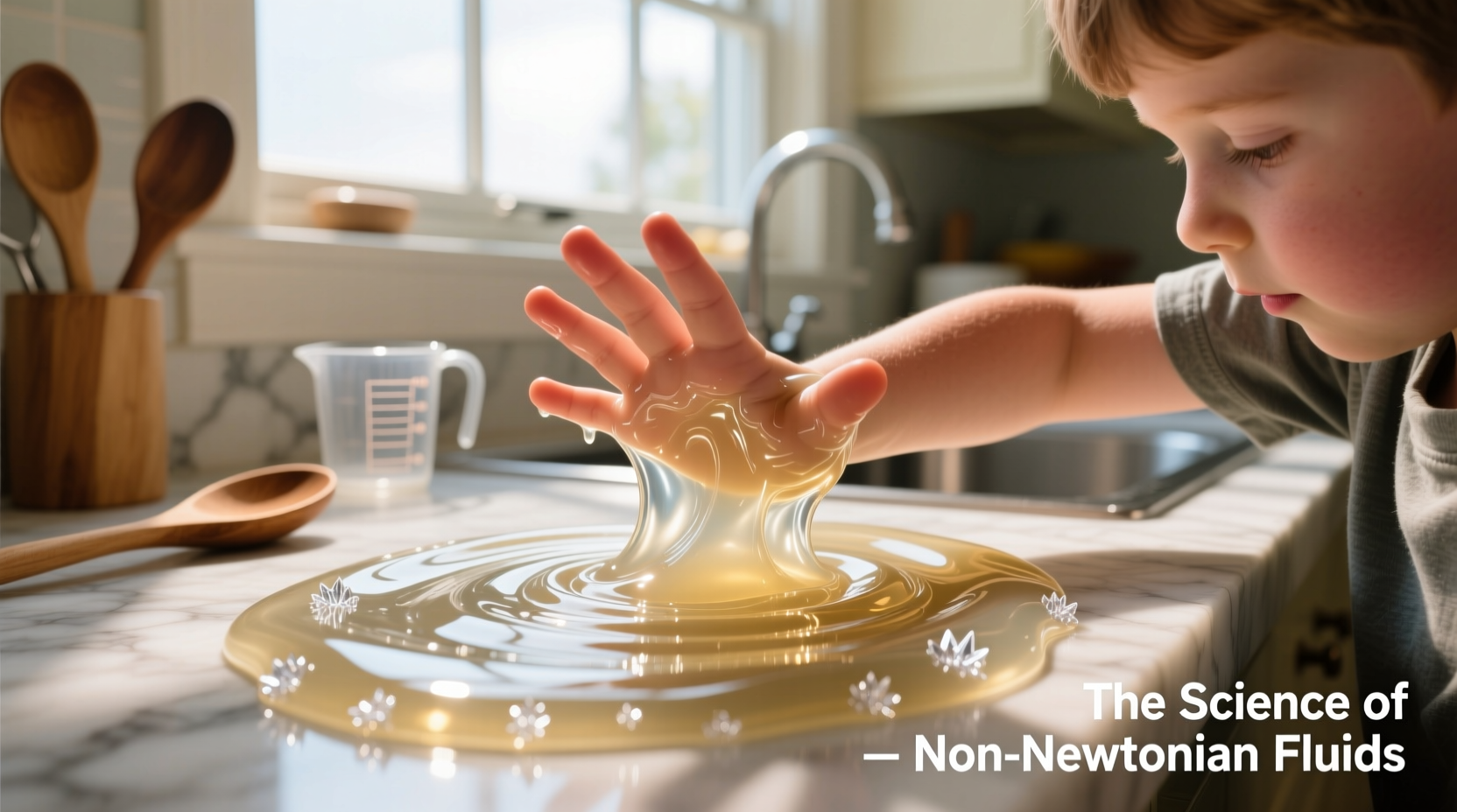 Child's hand transforming oobleck from liquid to solid state