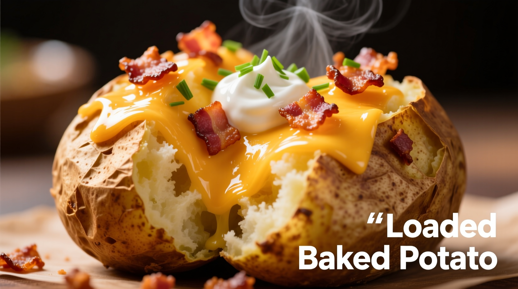 Loaded baked potato with cheese and bacon toppings