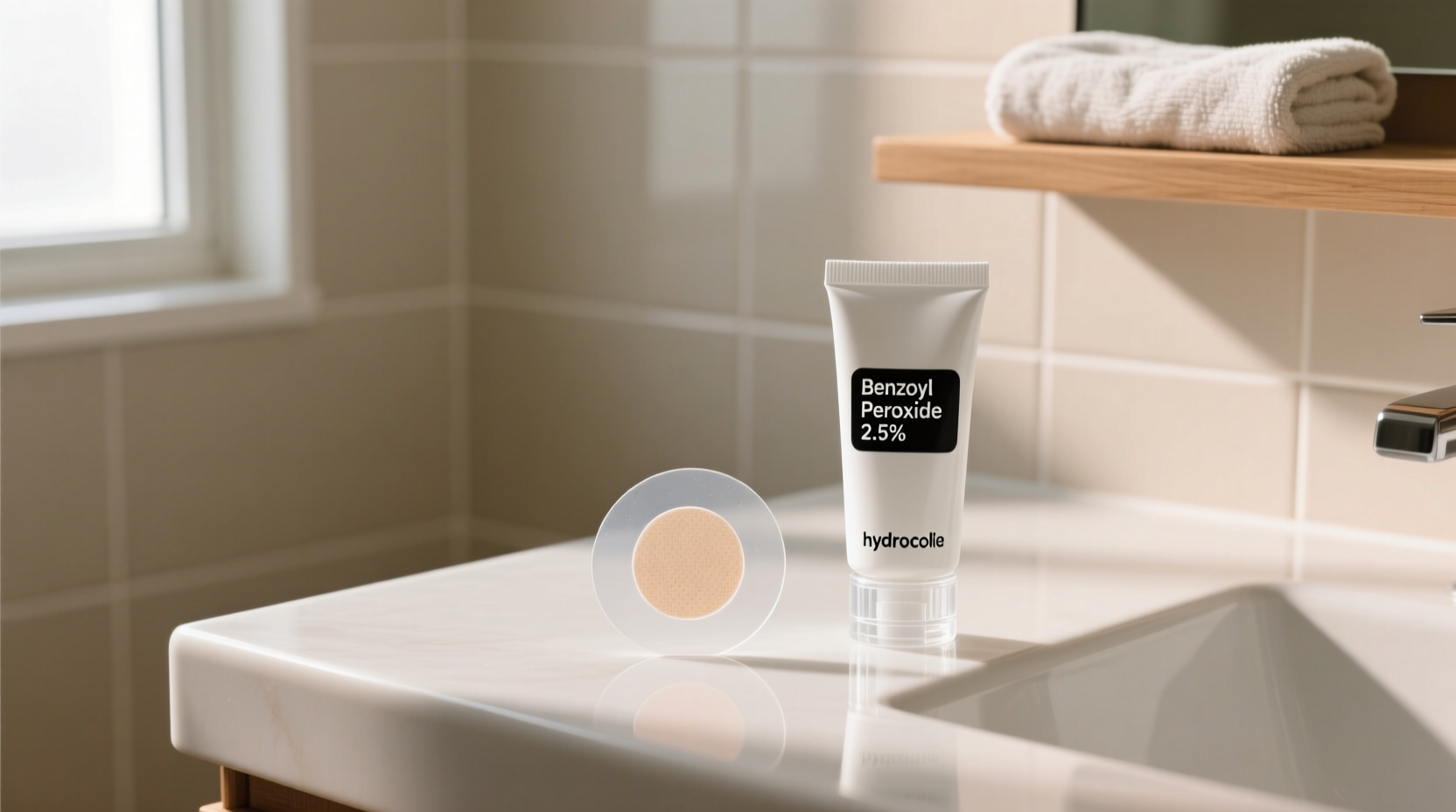 Hydrocolloid patch next to benzoyl peroxide tube on clean bathroom counter