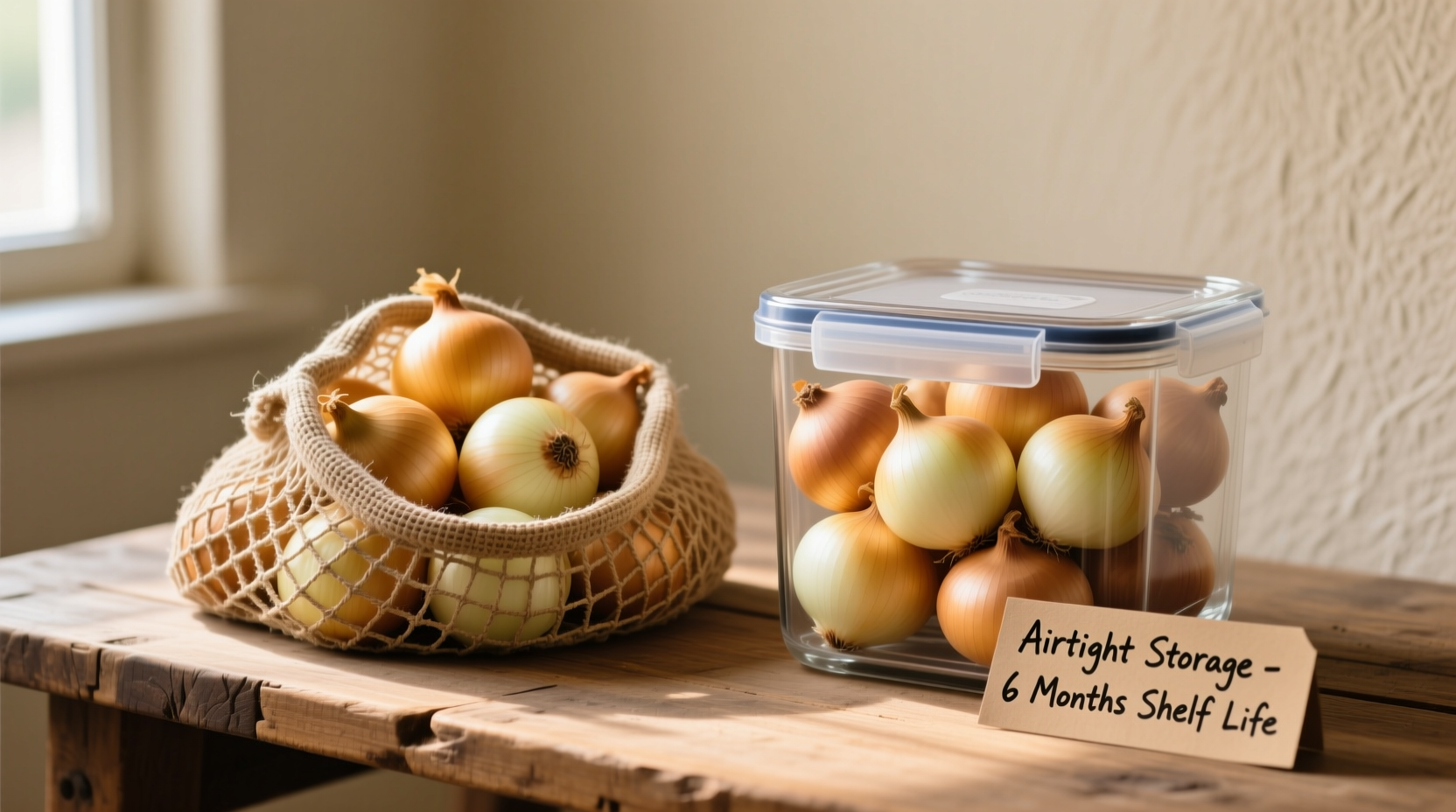 Properly stored onions in mesh bag and airtight container