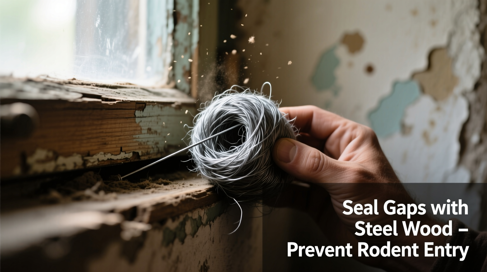 Sealing window gaps with steel wool to prevent rodent entry