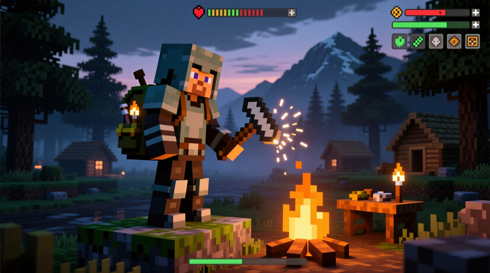 Minecraft player using flint and steel in survival mode