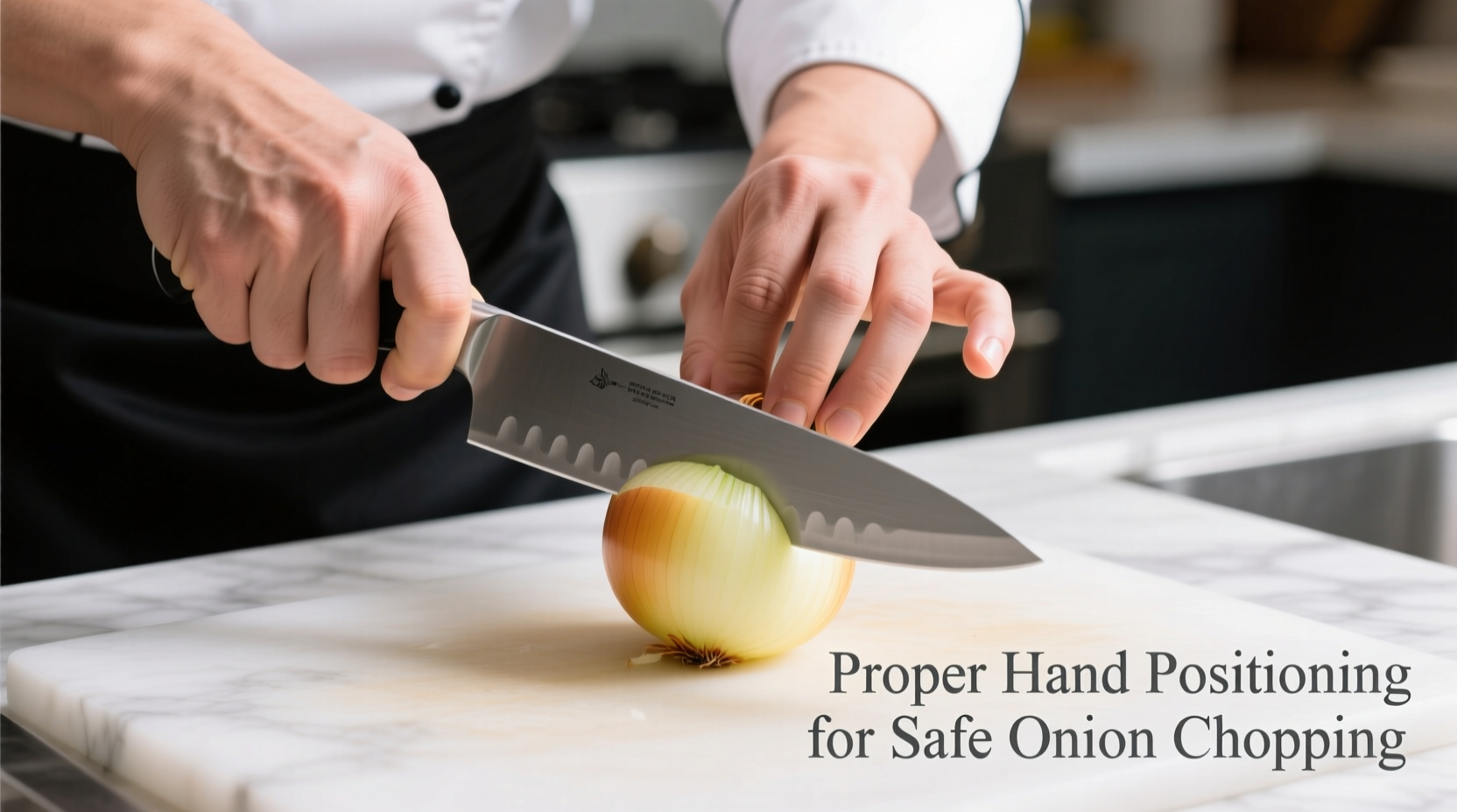Proper hand positioning for safe onion chopping technique