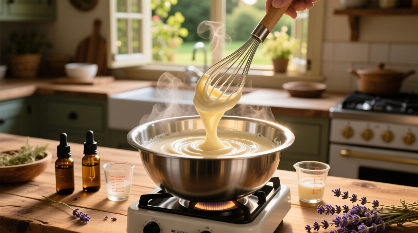 Whisking homemade lotion in double boiler