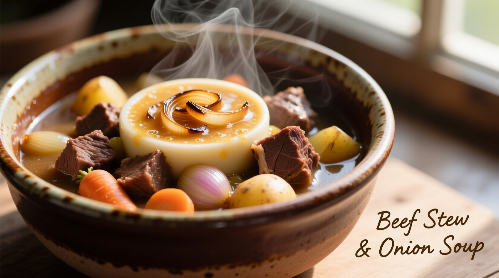 Beef stew with French onion soup in ceramic bowl