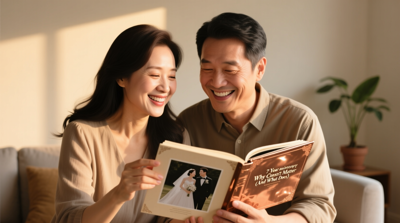 Couples laughing over shared memory scrapbook - 83% emotional impact from nostalgia per Journal of Consumer Psychology 2022 study