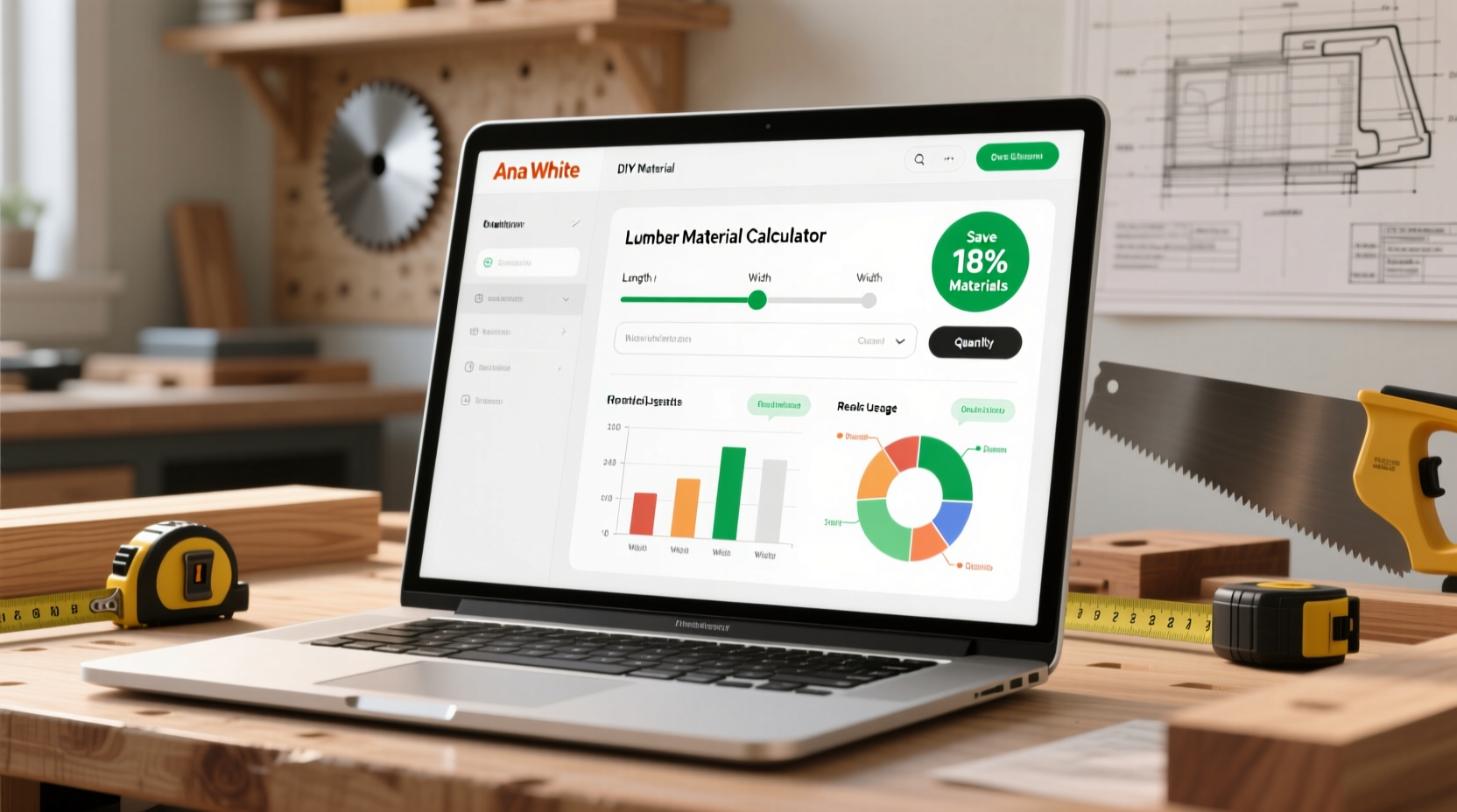 Ana White DIY material calculator tool interface showing lumber optimization