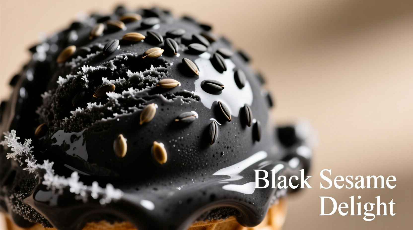 Close-up of black sesame ice cream with visible seed particles