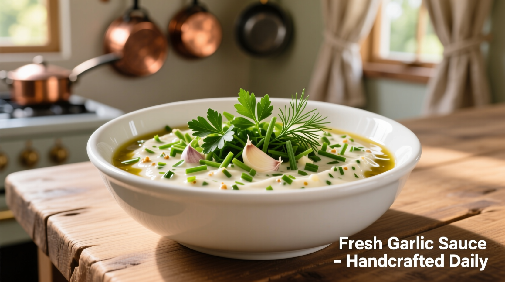 Fresh garlic sauce in white bowl with herbs