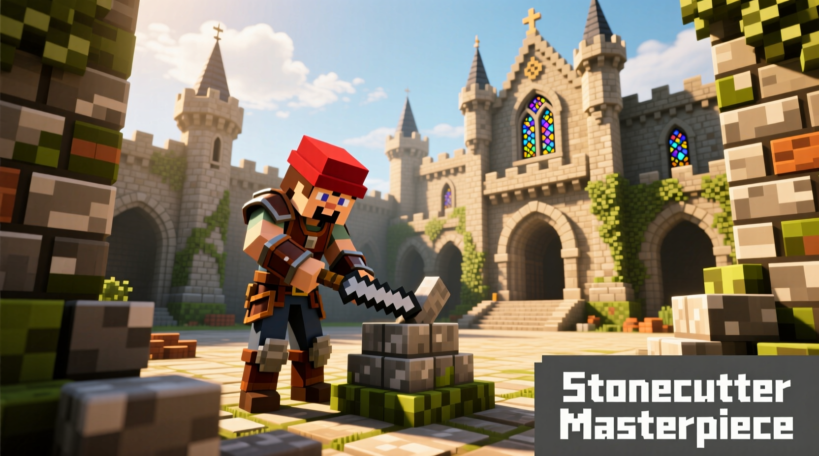Minecraft builder using stonecutter for detailed stone brick architecture