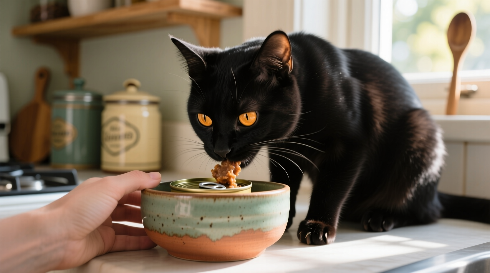 Cat eating from ceramic bowl with measured canned food