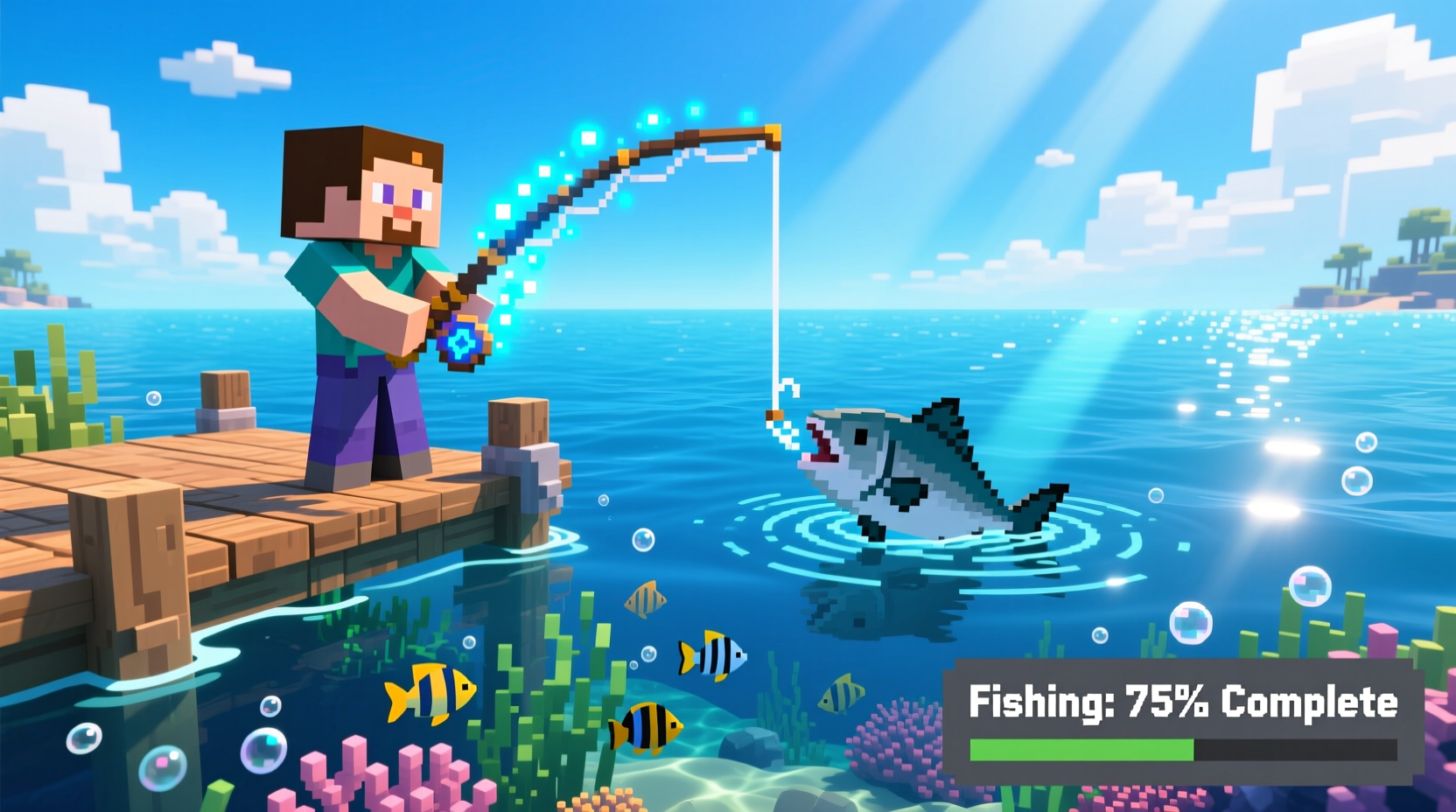 Minecraft player fishing with enchanted rod in ocean