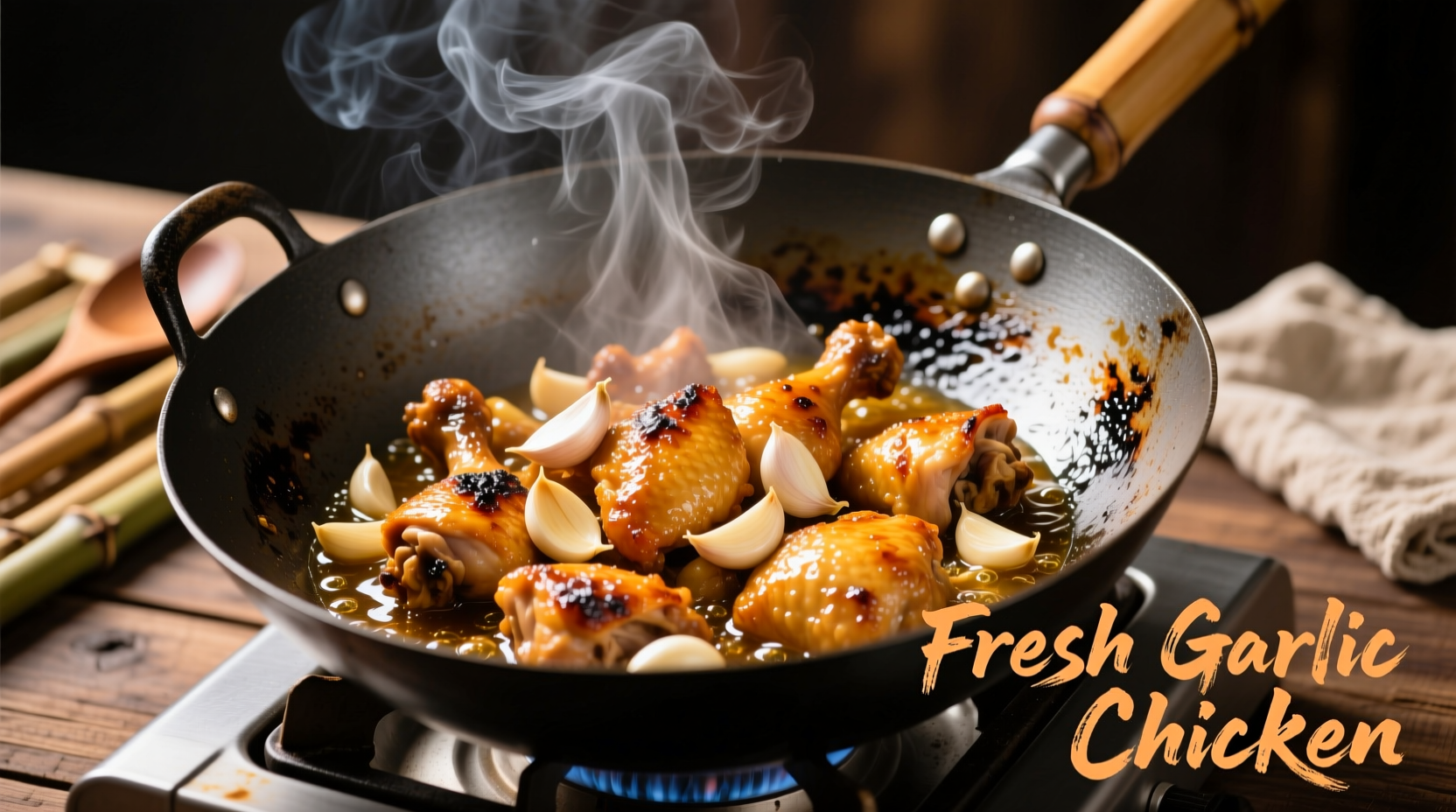 Fresh garlic chicken sizzling in wok