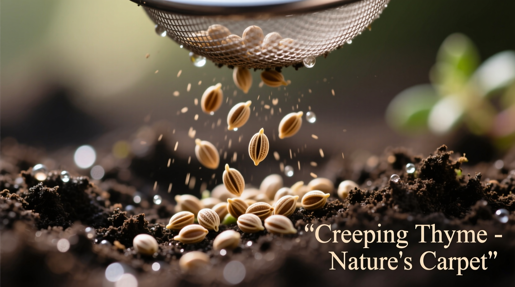 Close-up of creeping thyme seeds being sprinkled on soil