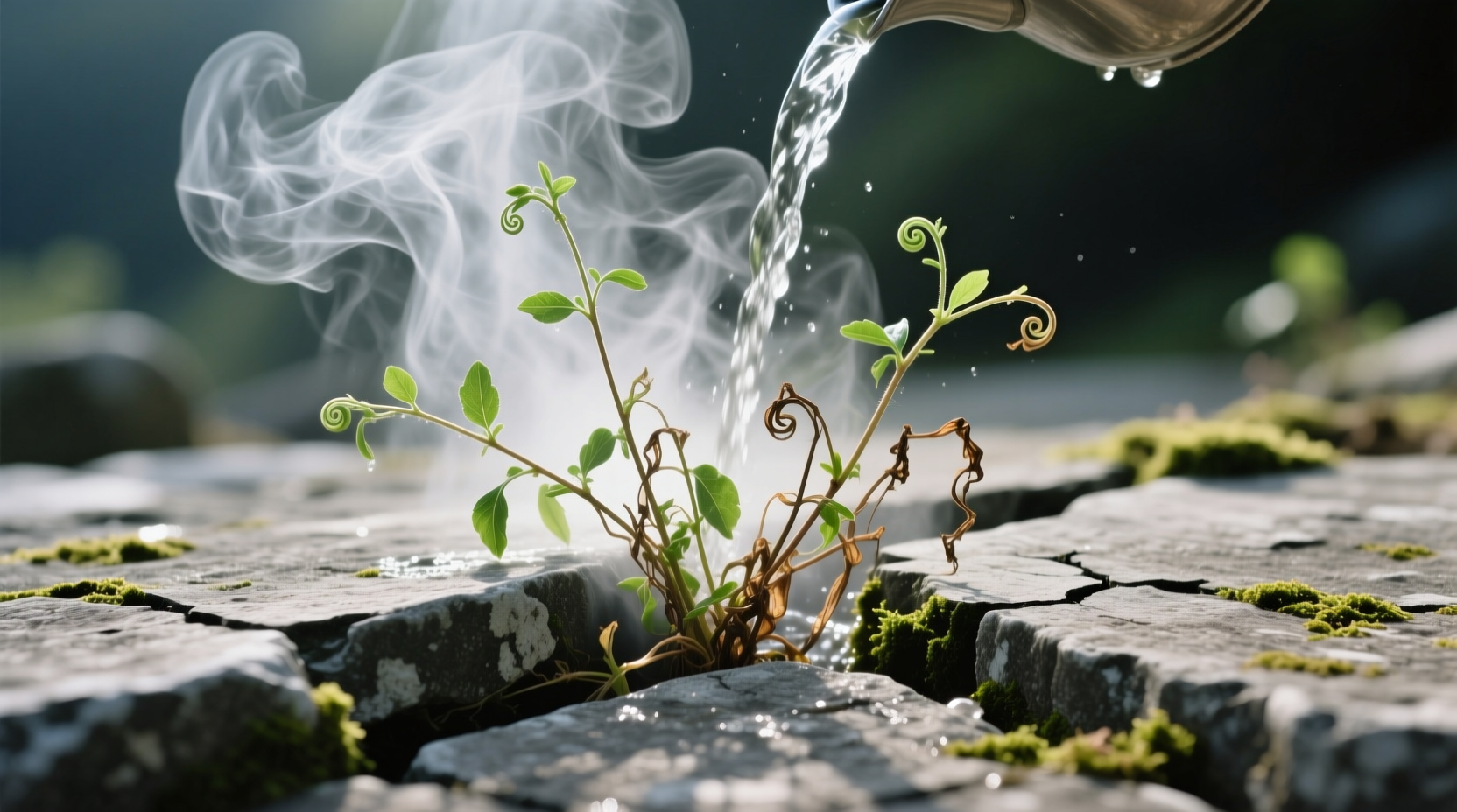 Pouring boiling water on weeds between stones