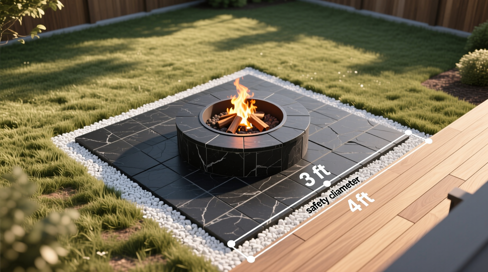 Fire pit layout showing safety clearance measurements