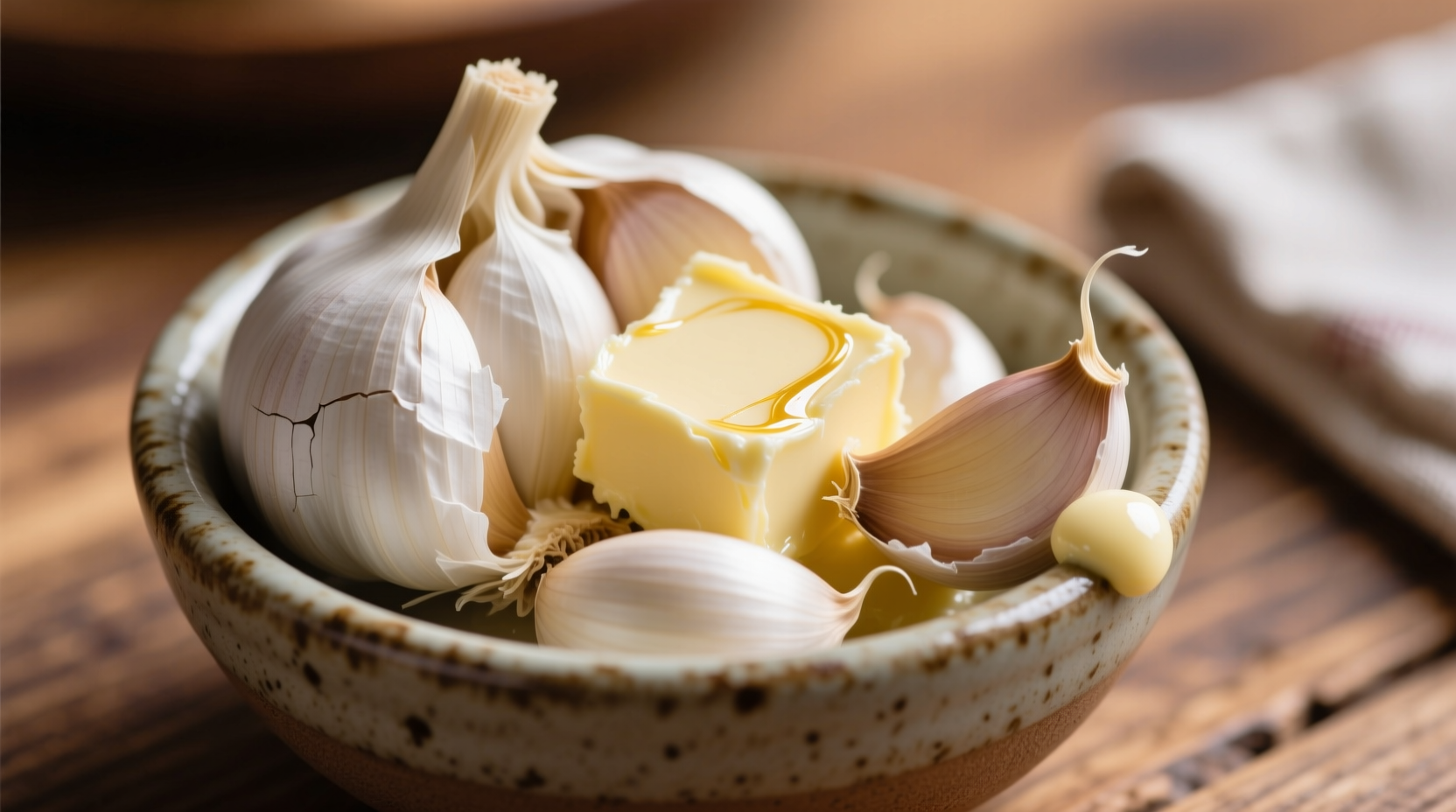Fresh garlic cloves and softened butter mixture in bowl