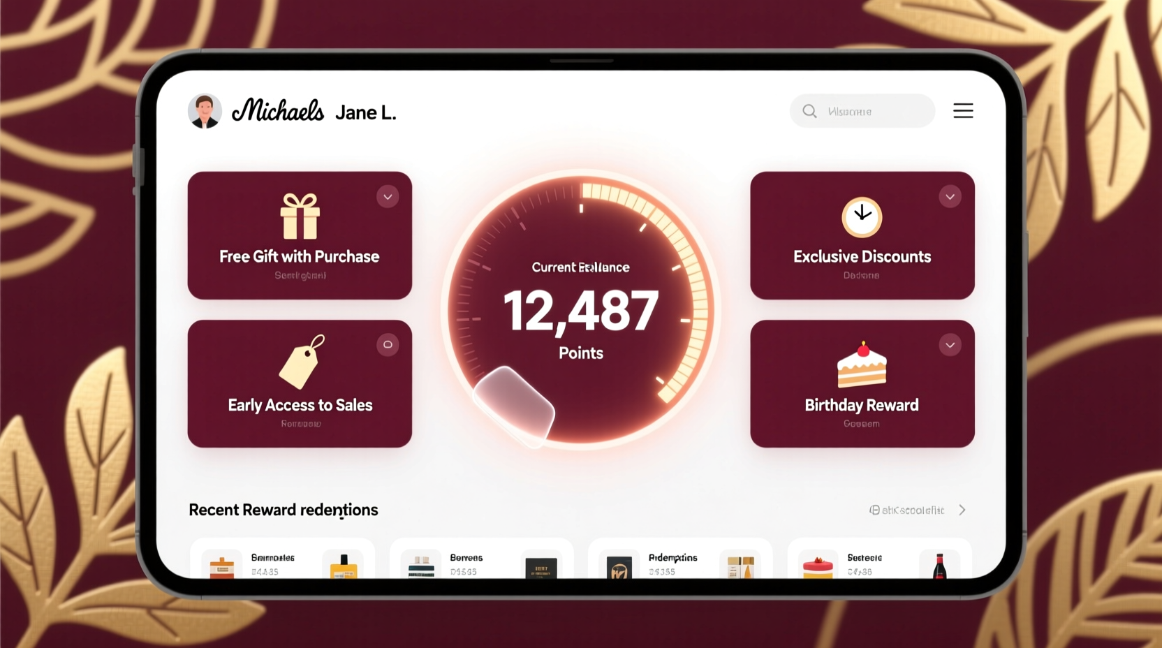 Michaels rewards program dashboard showing points balance and benefits