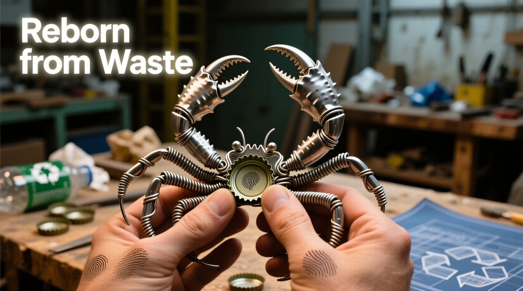 Hand shaping crab claws from recycled bottle caps and wire